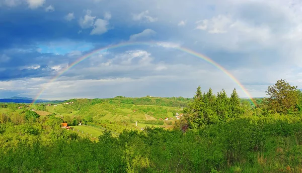 Spring Rural Rainbow Landscape View Green Meadows Hills — Stock Photo, Image