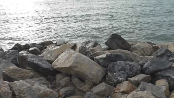 Sea surf kraschar på stenar på stranden — Stockvideo