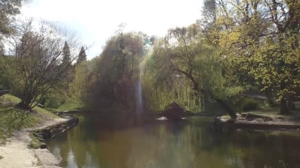 Lago em um parque com cisnes, uma casa de pássaros e uma escultura — Vídeo de Stock