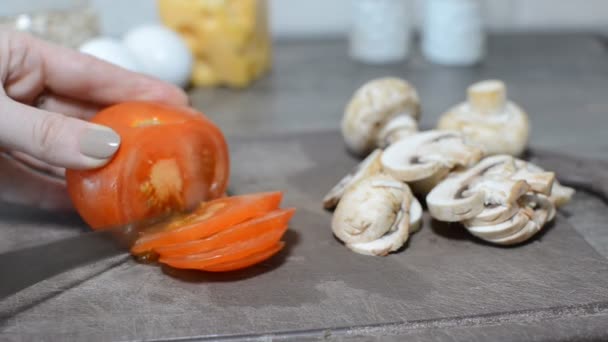 Woman Cutting Tomatoes Mushrooms Closeup — 비디오