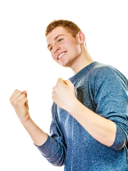 Happy man successful with arms up clenching fist — Stock Photo, Image