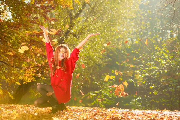 Agachando menina na floresta outonal . — Fotografia de Stock