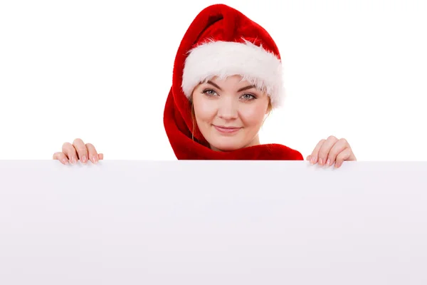 Mulher com banner vazio em branco. Natal. — Fotografia de Stock