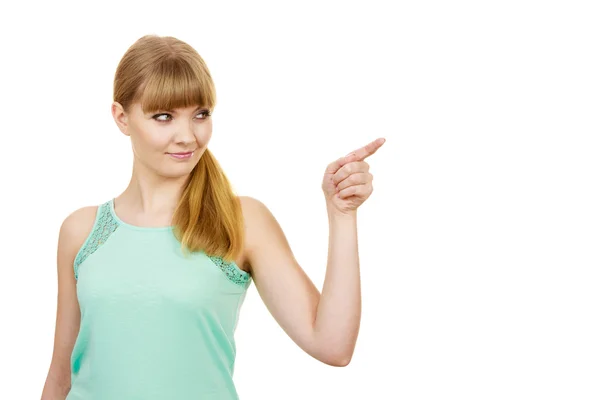 Frau zeigt oder berührt mit Zeigefinger — Stockfoto