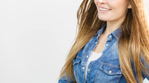 Smiling cute girl with denim top. — Stock Photo, Image