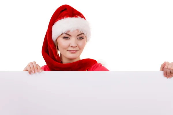 Woman with blank empty banner board. Christmas — Stock Photo, Image