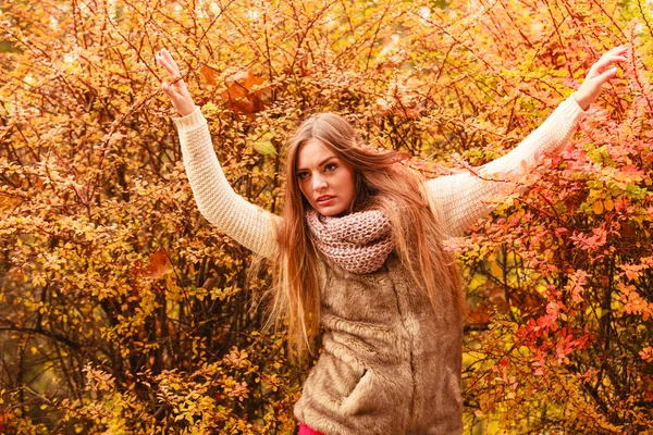 Gizemli kadın sonbahar yaprakları açık karşı — Stok fotoğraf