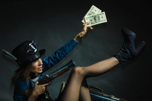 Steampunk girl with cash. — Stock Photo, Image