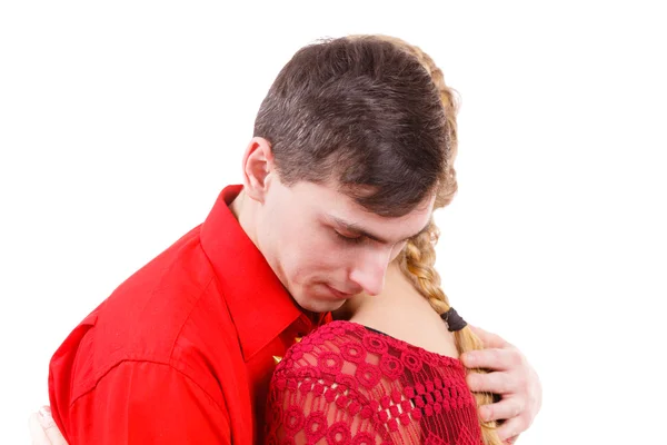 Couple. Woman is sad and being consoled by his partner — Stock Photo, Image