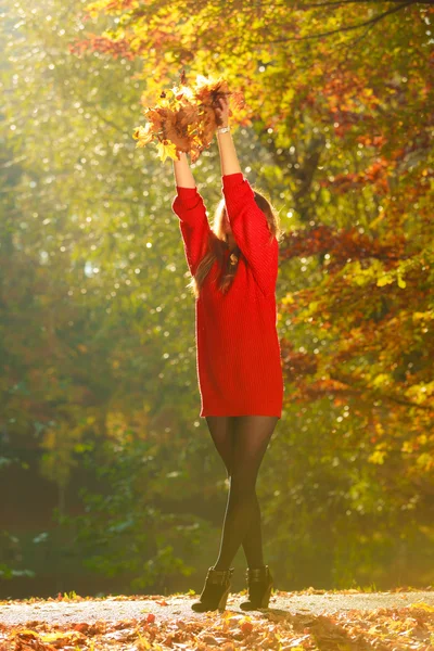 Glad tjej att ha kul med bladen i höstlig park. — Stockfoto