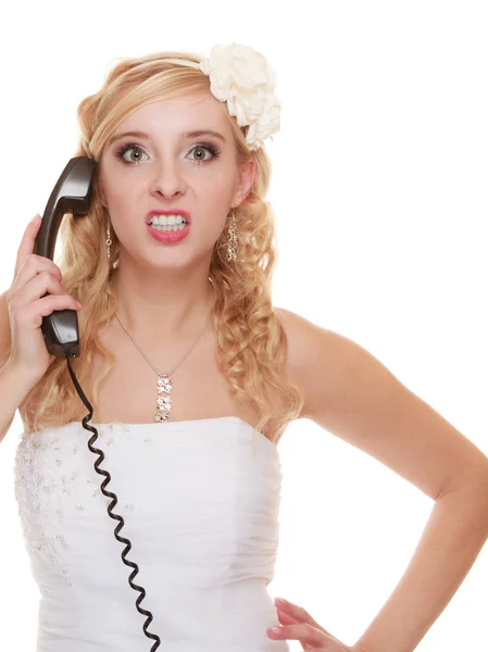 Wedding angry woman bride talking on phone. — Stock Photo, Image