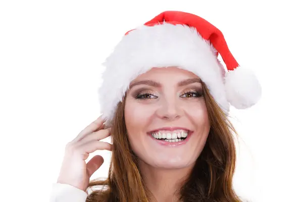 Mulher em santa claus chapéu livre e feliz — Fotografia de Stock