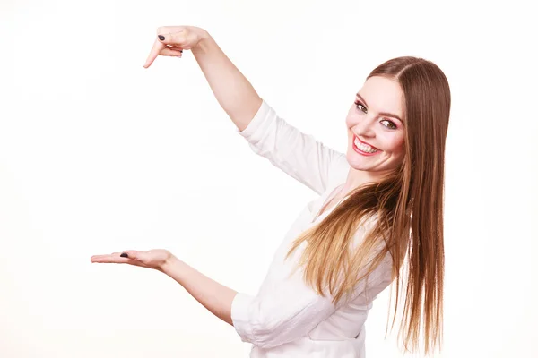 Woman holds empty hand copy space for product — Stock Photo, Image