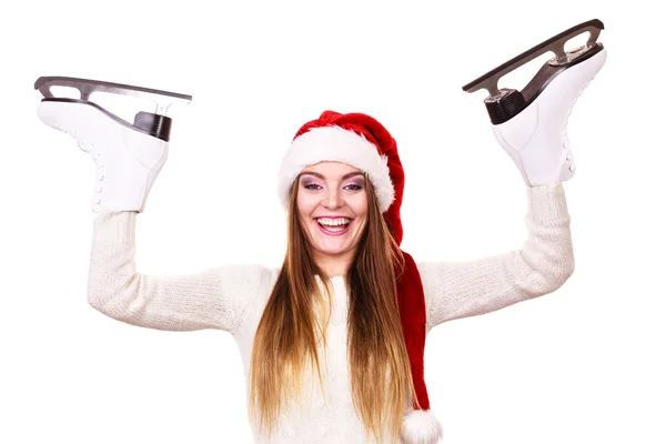 Femme Père Noël claus avec patins à glace — Photo