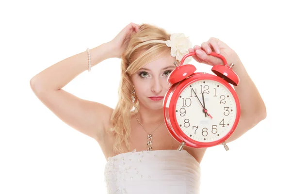 Wedding. Time to get married. Bride with alarm clock. — Stock Photo, Image