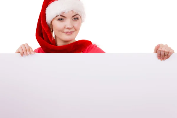 Mulher com banner vazio em branco. Natal. — Fotografia de Stock