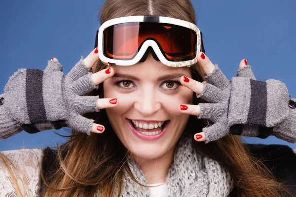 Skier girl wearing warm clothes ski googles portrait. — Stock Photo, Image