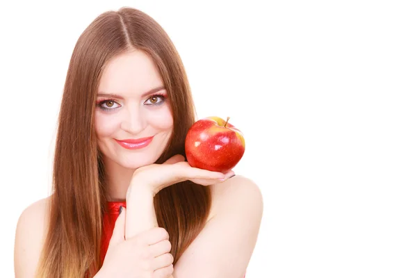 Femme charmante fille coloré maquillage tient pomme fruit — Photo