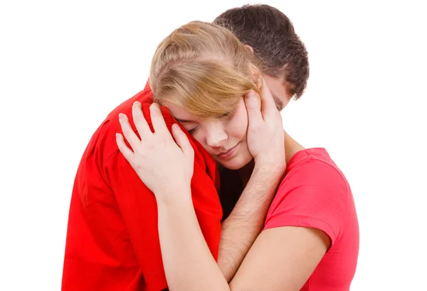 Couple. Woman is sad and being consoled by his partner — Stock Photo, Image