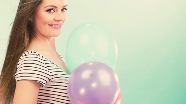 Woman summer joyful girl with colorful balloons — Stock Photo, Image