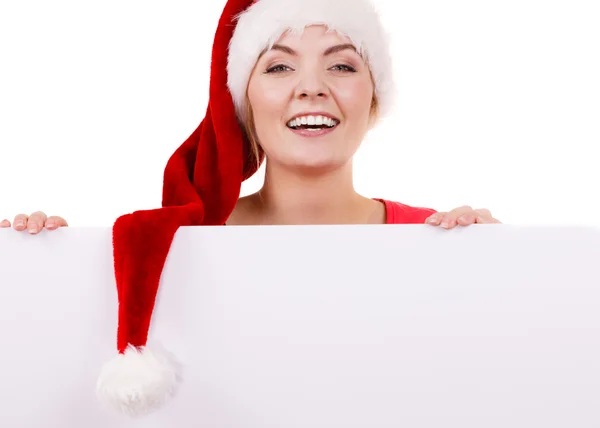 Vrouw met lege lege banner bord. Kerst — Stockfoto