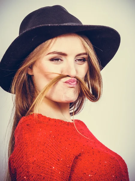 Silly lady playing with hairs. — Stock Photo, Image