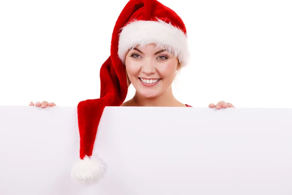 空白の空バナー ボードを持つ女性。クリスマス — ストック写真