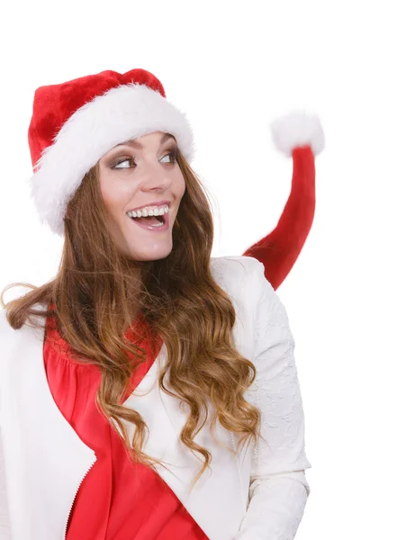 Kvinna i jultomten hatt fri och glad — Stockfoto