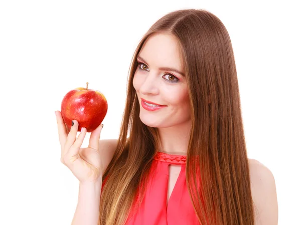 Vrouw charmante meisje kleurrijke make-up houdt apple fruit — Stockfoto