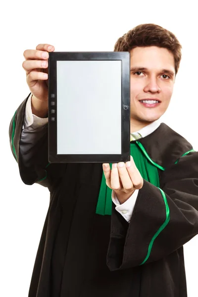 Young male lawyer hold tablet computer. — Stock Photo, Image