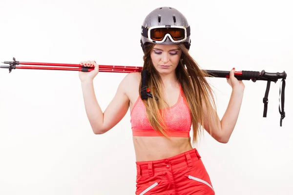 Woman lifting skiing poles. — Stock Photo, Image