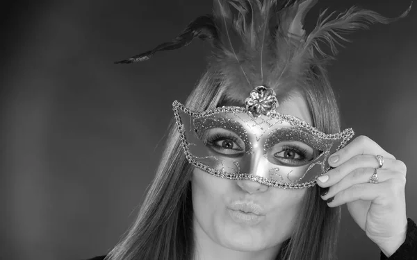 Woman holding carnival mask closeup — Stock Photo, Image