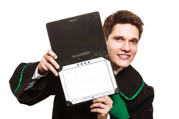 Male lawyer hold tablet computer in open case. — Stock Photo, Image