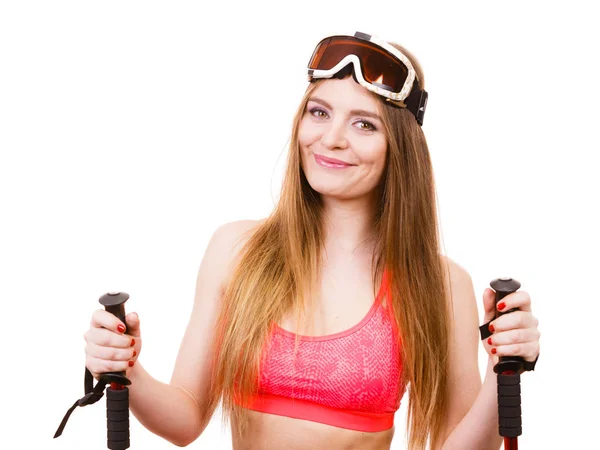 Chica alegre con equipo de esquí . —  Fotos de Stock