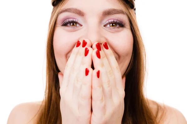 Beautiful girl with red nails. — Stock Photo, Image