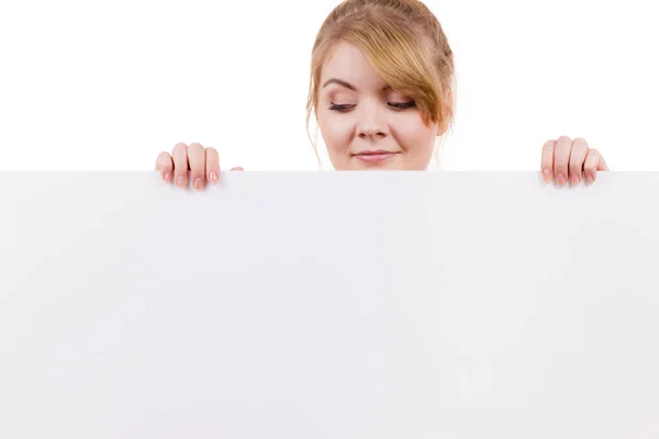 Woman with blank presentation board banner sign — Stock Photo, Image