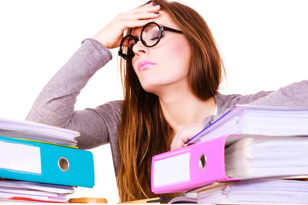 Woman tired with stack of folders documents — Stock Photo, Image