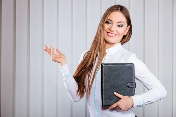 Young woman office worker hold case with files. — Stock Photo, Image