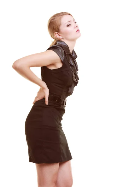 Backache. Young woman suffering from back pain isolated — Stock Photo, Image