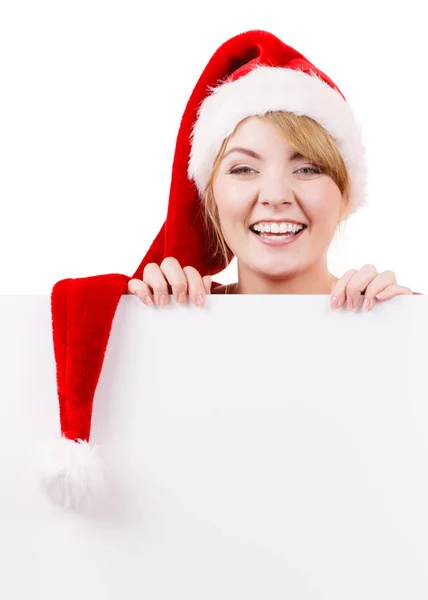 Vrouw met lege lege banner bord. Kerst — Stockfoto