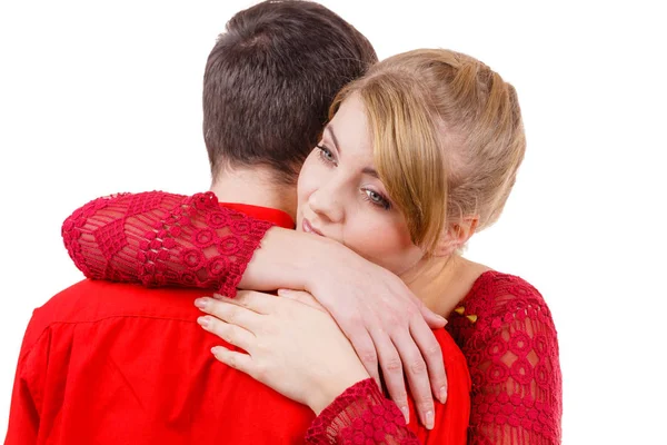 Couple. Woman is sad and being consoled by his partner — Stock Photo, Image