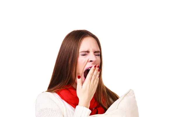 Woman sleepy tired with pillow almost falling asleep — Stock Photo, Image