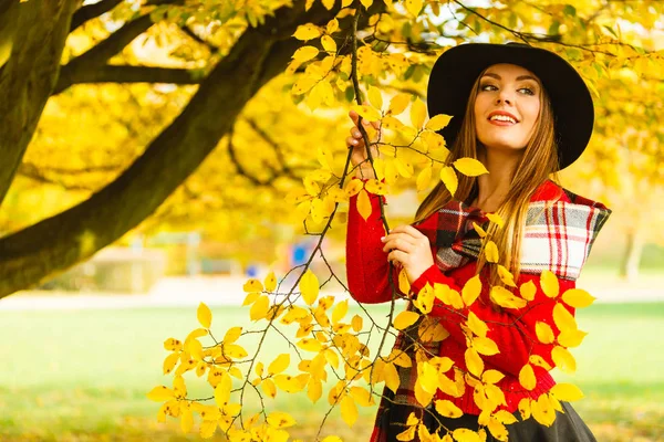 Sonbahar Park'ta yürüyordunuz büyüleyici kadın — Stok fotoğraf