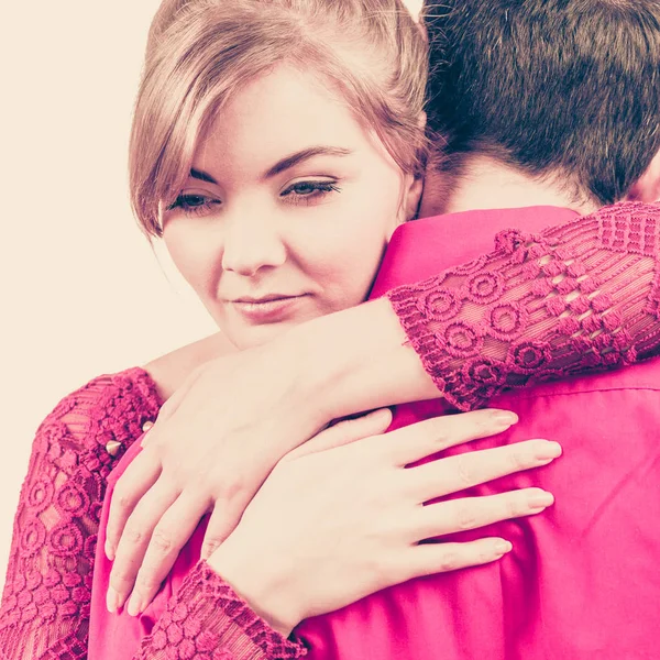 Couple. Woman is sad and being consoled by his partner — Stock Photo, Image