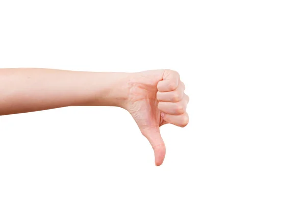 Weibliche Hand gestikuliert Daumen nach unten Zeichen — Stockfoto