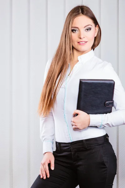 Young woman office worker hold case with files. — Stock Photo, Image