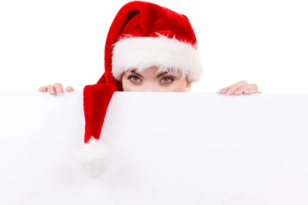 Mulher com banner vazio em branco. Natal. — Fotografia de Stock
