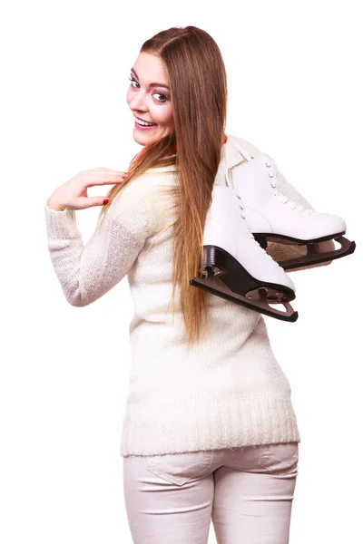 Lachende vrouw met schaatsen Stockafbeelding