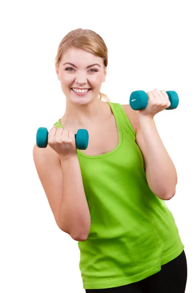 Woman exercising with dumbbells lifting weights — Stock Photo, Image