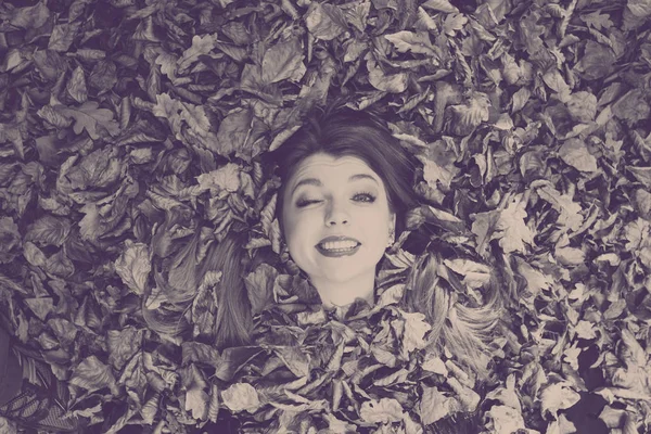 Young lady covered by leaves. — Stock Photo, Image